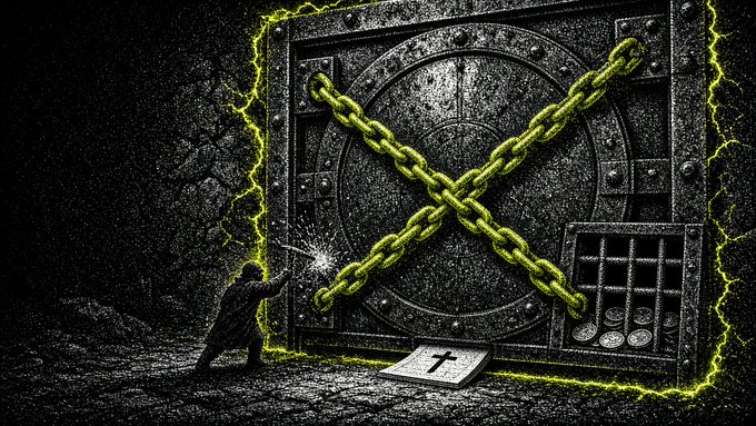A dark digital artwork depicting a small figure wielding a spark-emitting tool against a massive iron vault door secured with crossed glowing yellow-green chains and a padlock, with a book bearing a cross symbol on the ground.