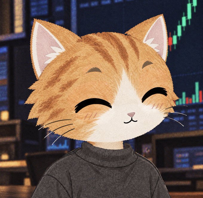 Digital illustration of an anthropomorphic orange tabby cat with a smiling, closed-eye expression, wearing a dark gray turtleneck sweater, set against a background of trading screens and green candlestick charts.