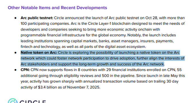 A document titled 'Other Notable Items and Recent Developments' highlights a section about a 'Native token on Arc' by Circle, with the text selected in blue.