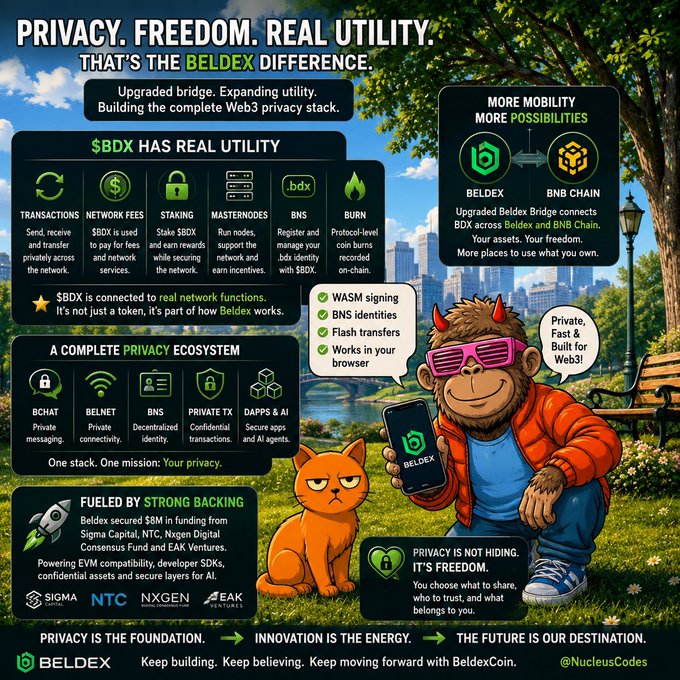 An infographic titled 'PRIVACY. FREEDOM. REAL UTILITY. THAT'S THE BELDEX DIFFERENCE' featuring a cartoon orangutan with pink shutter shades and a cat in a park.