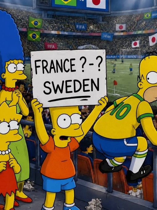 A Simpsons fan art image shows Bart holding a "FRANCE ?-? SWEDEN" sign at a FIFA World Cup stadium, with Marge, Lisa, and Homer in Brazil and Japan jerseys cheering in the stands — perfectly capturing the question of who will win the upcoming France vs. Sweden match.