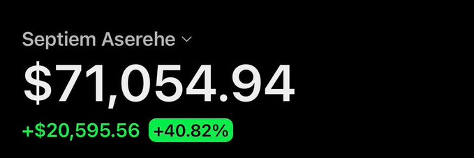 A portfolio screenshot shows a position labeled "Septiem Aserehe" valued at $71,054.94, up $20,595.56 (+40.82%) in green, reflecting the strong unrealized gains from the trader's $PRISM position without making any additional trades.