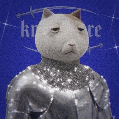A digitally altered image of a cat's head placed on a body wearing medieval chainmail armor, set against a blue background with partial text 'kn' and 'ce'.