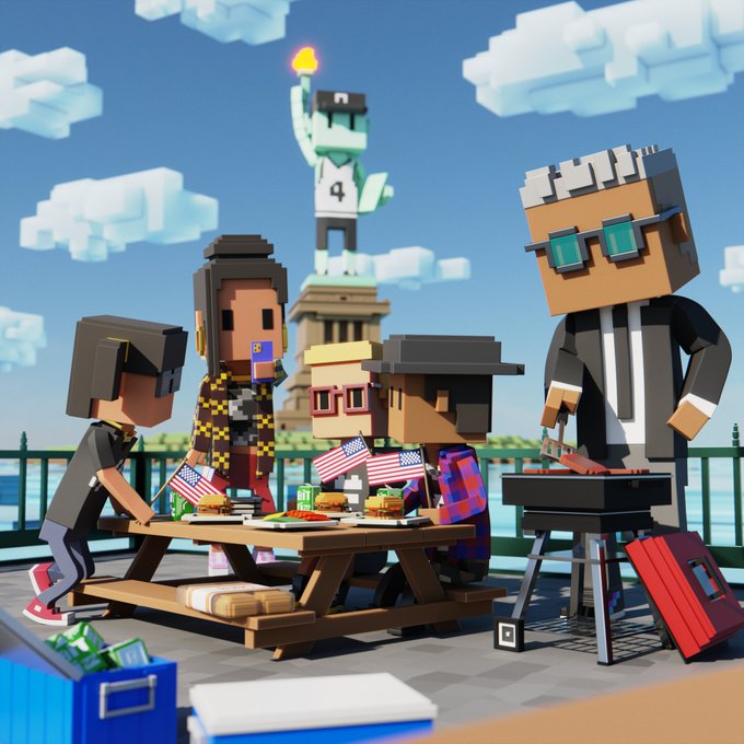 A 3D voxel/block-style digital illustration of a Fourth of July barbecue scene, with blocky characters around a picnic table with American flags and burgers, the Statue of Liberty in the background.