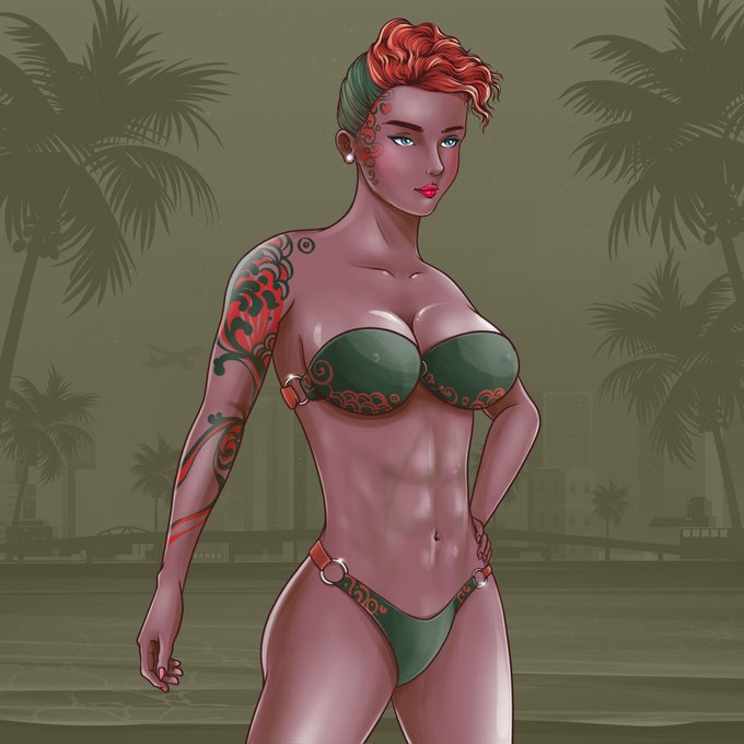 A digital illustration of a woman with short red hair, blue eyes, tribal tattoos, wearing a green bikini, set against a tropical background with palm trees.