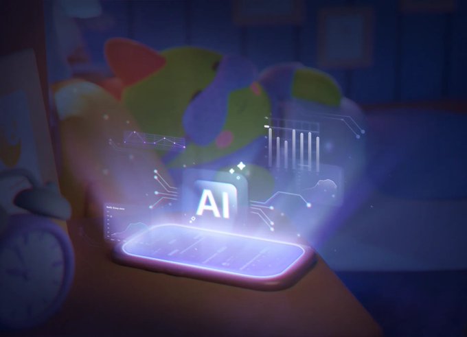 A stylized 3D illustration showing a smartphone projecting a holographic 'AI' interface with data charts and graphs, set in a dimly lit room with a plant and clock in the background.