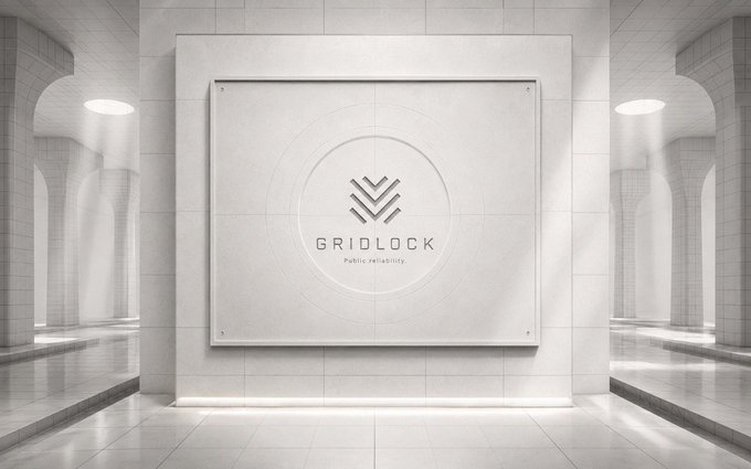 A sleek, minimalist billboard in a bright white architectural space displays the "GRIDLOCK" logo with the tagline "Public reliability," visually reinforcing the project's upcoming launch as the first decentralized AI compute market on Robinhood Chain, represented by the $GRID token.