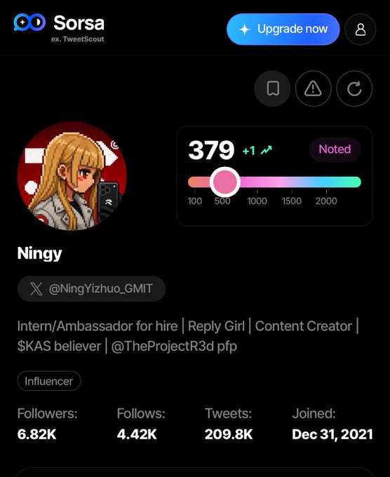 A Sorsa (formerly TweetScout) profile page for user "Ningy" (@NingYizhuo_GMIT) shows 6.82K followers, a score of 379, and describes them as "Intern/Ambassador for hire | Reply Girl | Content Creator | $KAS believer | @TheProjectR3d pfp".