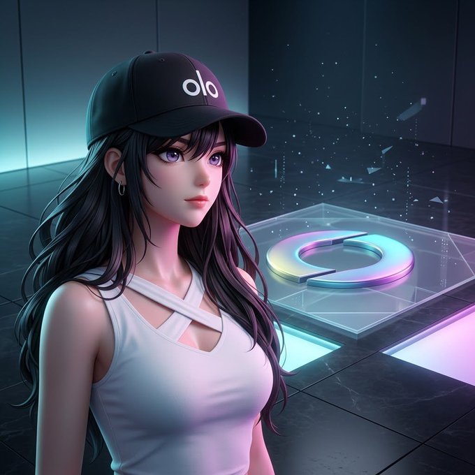 A 3D rendered portrait of a young woman with long dark hair and purple eyes, wearing a black baseball cap with a white logo and a white top, standing next to a glowing neon ring on a dark tiled floor.