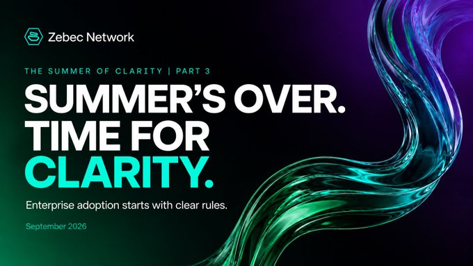 This promotional graphic by Zebec Network, titled "The Summer of Clarity | Part 3," features a dark background with vibrant teal and purple flowing wave designs and the bold headline "SUMMER'S OVER. TIME FOR CLARITY." alongside the subtitle "Enterprise adoption starts with clear rules" and a September 2026 date, visually reinforcing the post's message about the return of the CLARITY Act and its role in driving enterprise stablecoin adoption.