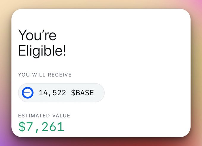 A white card displays "You're Eligible!" with a notification that the user will receive 14,522 $BASE tokens, showing an estimated value of $7,261 in green text. The image illustrates the post's theme of an unexpected crypto airdrop win, inviting others to check their own eligibility for the Base token distribution.