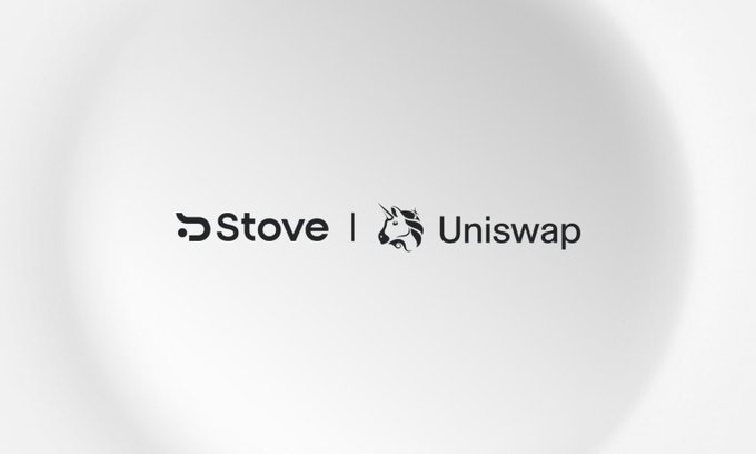 The image displays the logos of "Stove" and "Uniswap" side by side, visually representing the partnership between Stove Finance and Uniswap. This aligns with the announcement that Stove's tokenized U.S. and South Korean equities are now tradable on Uniswap via UniswapX.