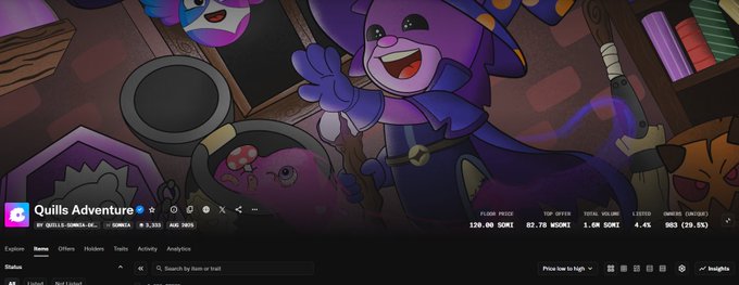 Screenshot of a cryptocurrency tracking website showing 'Quills Adventure' (QUILLS) token information with cartoon fantasy artwork, showing metrics like 320.0K $QUILL, 82.78 $WORM, 1.6M $GMT, and price of 4.4€.