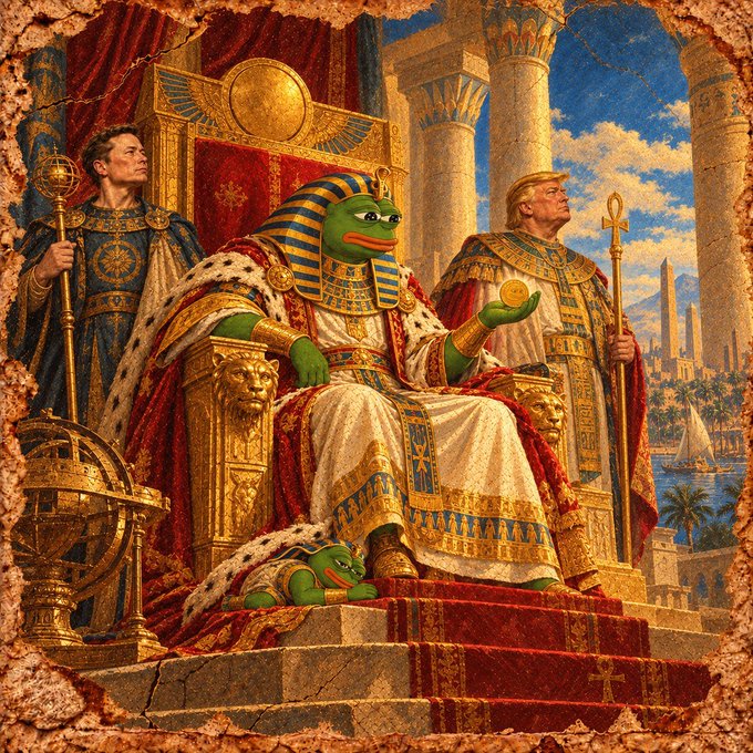 An AI-generated Renaissance-style painting depicting a frog as an Egyptian pharaoh on a golden throne, flanked by attendants (including what appears to be Elon Musk) holding a coin, with a small frog at the pharaoh's feet.