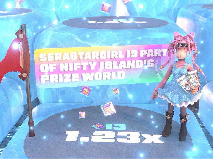 The image displays a female avatar with pink hair and sunglasses standing in a blue, icy arena next to a red flag, with a banner reading "SERASTARGIRL IS PART OF NIFTY ISLAND'S PRIZE WORLD" and numbers "13" and "1.23x" visible on the ground.