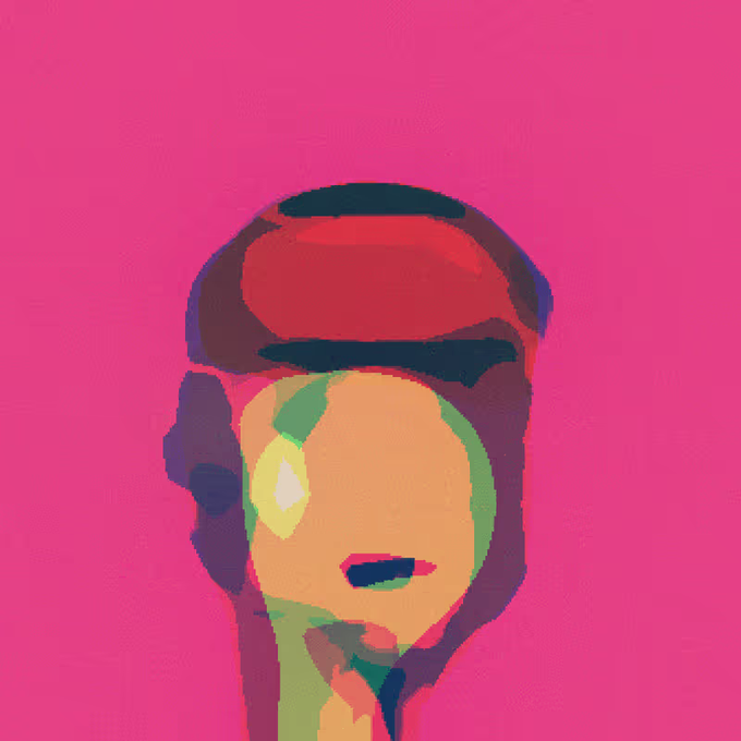 A pop-art style abstract digital painting of a face wearing sunglasses, rendered in vibrant pink, green, red, and yellow hues.