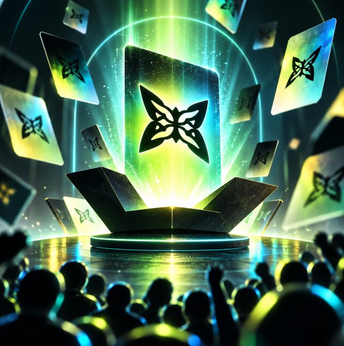 A vibrant digital artwork depicting glowing cards with butterfly-like symbols emerging from an opened box, surrounded by a cheering crowd silhouetted in the foreground.
