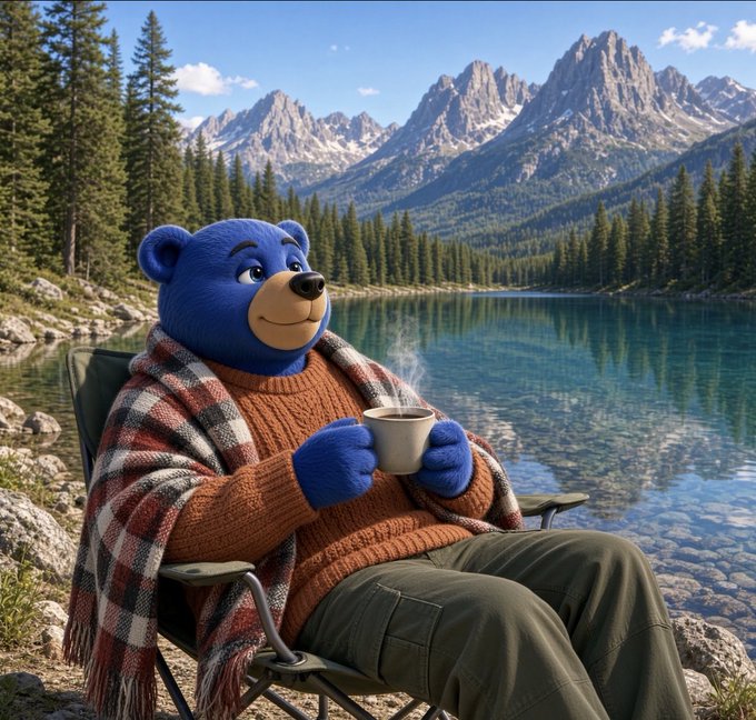 An anthropomorphic blue bear wearing a brown sweater and plaid blanket, sitting in a camping chair by a mountain lake while holding a steaming cup.
