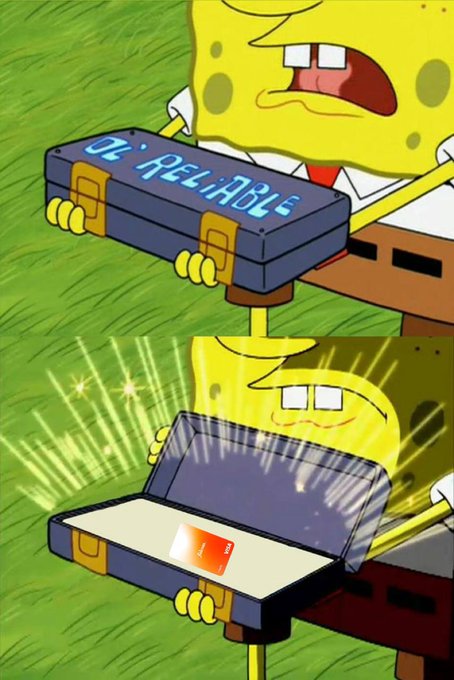 A two-panel SpongeBob SquarePants meme shows him first disappointed by a box labeled 'OL' RELIABLE', then happily surprised when opening it to find a SIM card inside.