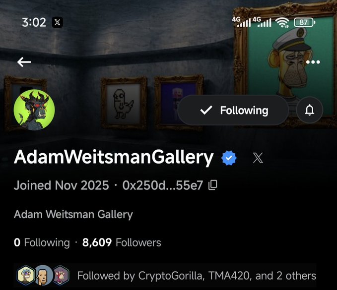 An X profile screen for “AdamWeitsmanGallery,” marked verified and Following, showing “0 Following” and “8,609 Followers,” with “Adam Weitsman Gallery” listed as the bio/display name.