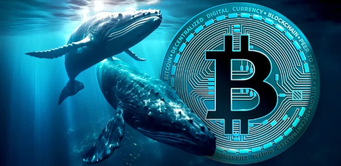Two large whales swim underwater next to a glowing Bitcoin emblem encircled by the words "DECENTRALIZED DIGITAL CURRENCY" and "PEER-TO-PEER," visually symbolizing the report's finding that Bitcoin whales have re-accumulated over $2.9 billion in BTC over the past 60 days.