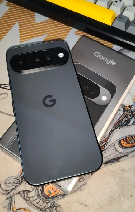 A Google Pixel smartphone rests on its original packaging, with the "Google" branding visible on both the box and the back of the device, alongside its distinctive camera bar. The post humorously notes the phone was purchased using Web3 cryptocurrency funds.