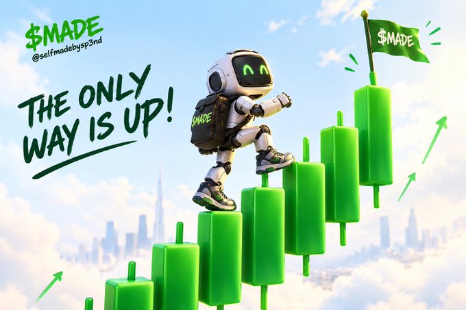 A digital illustration of an astronaut climbing upward on green candlestick chart bars holding a green flag marked '$MADE', with the text 'THE ONLY WAY IS UP!' and '@selfmadebyp2nd' visible.