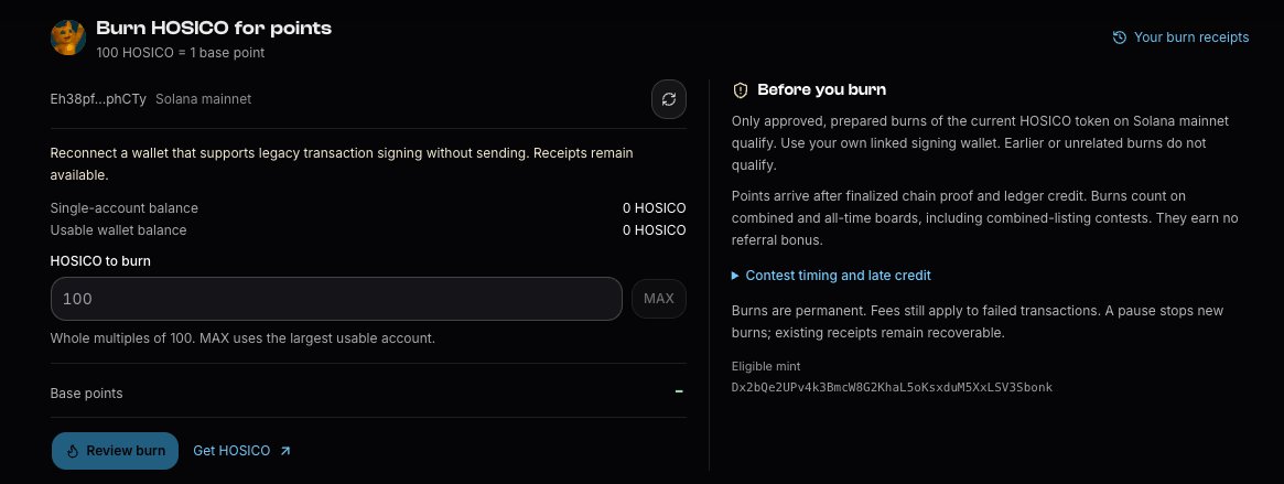 A dark-themed web interface titled "Burn HOSICO for points" where users can burn HOSICO tokens (100 HOSICO = 1 base point) on the Solana mainnet, displaying a wallet balance of 0 HOSICO and instructions about eligibility.