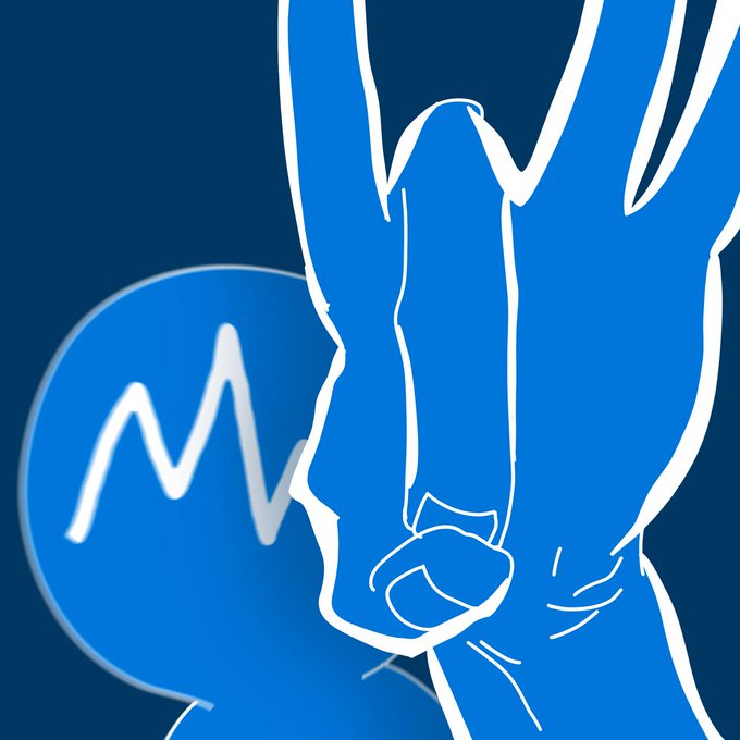 A stylized blue illustration showing a hand with a raised middle finger against a dark blue background, with a circular logo containing an "M" waveform in the background.