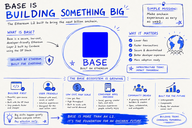 The image shows a whiteboard with blue text, including a description of Base written in black marker. The text explains that Base is built something big, which could be interpreted as a metaphor for the scale or impact of Base's projects or services. The image also includes various icons and bullet points related to Base, such as "base" being built by an elf, "base" being built on ethronium, and "base" being built by everyone. These elements contribute to the overall message that Base is a powerful tool for building and managing large-scale projects or services.