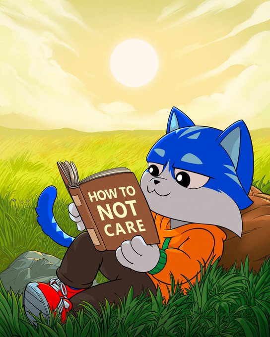 A cartoon blue cat character relaxing on a beanbag in a grassy field under a sunny sky, reading a book titled 'HOW TO NOT CARE'.