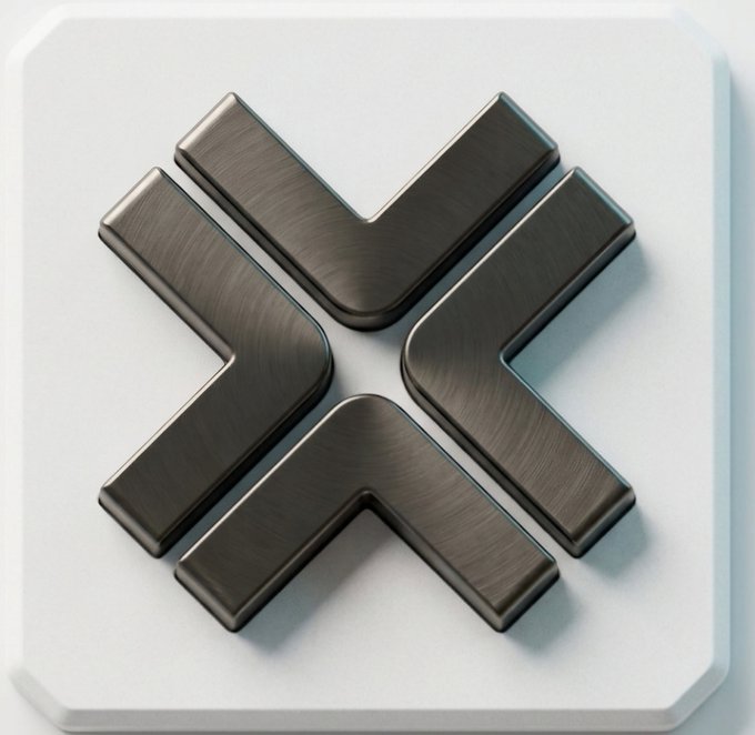 A metallic, chrome-like logo featuring four angled chevron or arrow shapes pointing inward to form an X-pattern on a white rounded square background.