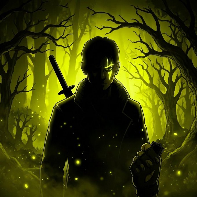 An anime-style illustration of a silhouetted man with glowing yellow eyes and a sword on his back, standing in a green-lit forest while holding a lighter.