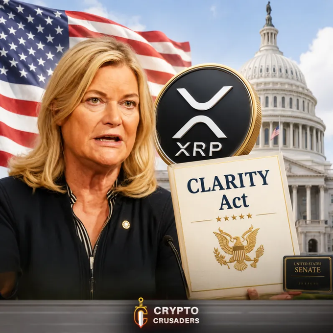 The image features a woman, presumably a politician or public figure, holding up a book titled "Clarity Act" with her hands. The title of the book suggests that she is advocating for the passing of the clarity act related to cryptocurrency and Ripple. The text in the image reads, "BREAKING!! Senator Cynthia Lummis says that if Congress does not pass the Clarity Act, the United States could fall behind in digital money!! Everyone WANTS THE CLARITY ACT TO BE PASSED! This is going to be BULLISH for crypto and $XRP". The woman's stance and the book she holds convey her strong support for the clarity act.