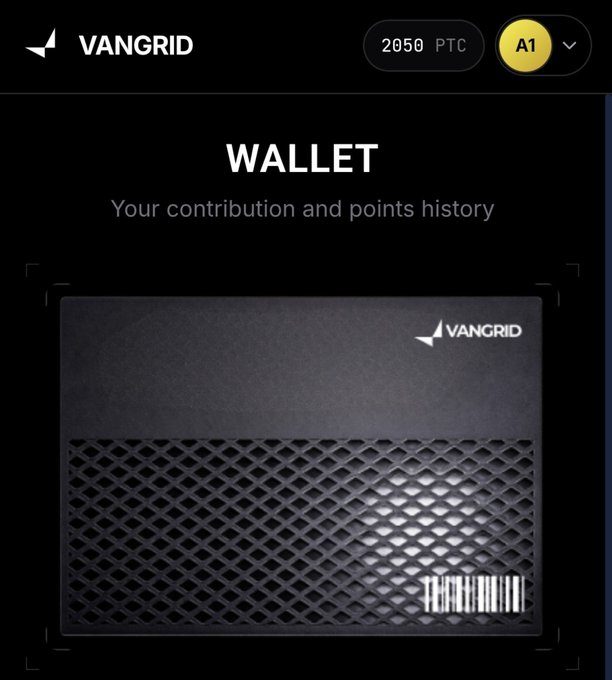 A digital wallet interface for VanGrid showing a 'WALLET' section with the subtitle 'Your contribution and points history', displaying 2050 PTC points, a user identifier 'A1', and a black card design with the VanGrid logo and a barcode.