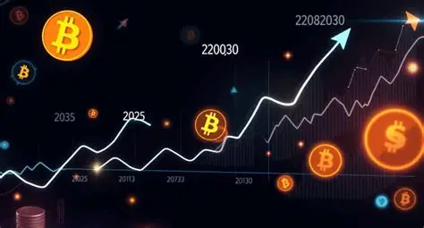 An upward trending line chart displaying Bitcoin price movements, marked with cryptocurrency logos and dates like 2035, 2025, 20733, and 20190, illustrating BTC's strong July performance driven by retail investor inflows.