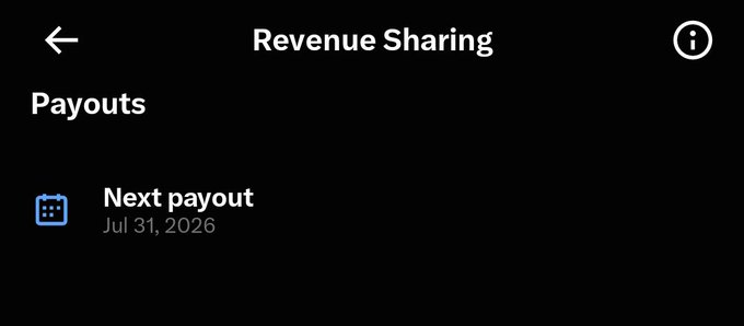 A dark-themed "Revenue Sharing" settings screen displays a "Payouts" section showing a "Next payout" scheduled for Jul 31, 2026. This relates to the post by teasing the upcoming first X (formerly Twitter) revenue sharing payout, inviting followers to guess the amount for a chance to win $100.