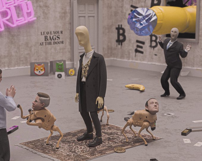 A surreal 3D scene featuring a tall faceless mannequin in a suit standing on a rug, surrounded by small wooden figures with human heads, a large yellow drill with a diamond, and a figure in the background, all set in a room with "LEAVE YOUR BAGS AT THE DOOR" text and crypto-themed artwork.