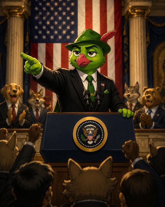 A green parrot wearing a Tyrolean hat stands at a podium bearing the Presidential Seal, pointing confidently toward an audience of anthropomorphic dogs, wolves, and other animals in suits, with an American flag draped behind. The image visually reinforces the post's message of steady leadership and committed work ethic tied to the $ROBIN ticker, depicting a charismatic, unconventional "leader" rallying supporters.