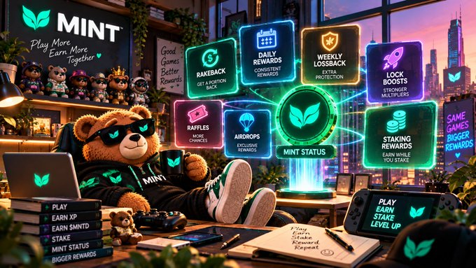 A promotional graphic for 'MINT' features a bear wearing sunglasses surrounded by neon icons listing features like 'RAKEBACK', 'DAILY REWARDS', and 'STAKING REWARDS'.