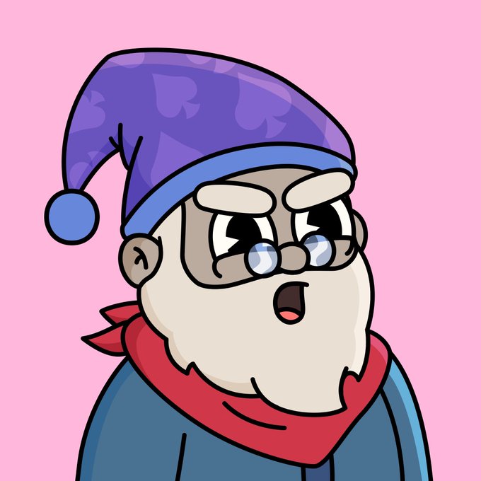 A cartoon illustration of a wizard-like character with a white beard, round glasses, and a floppy purple nightcap with a blue pom-pom, wearing a red and blue outfit against a pink background—depicting the whimsical "Nibbles" gnome character referenced in the celebratory post about joining the GnomePearClub.