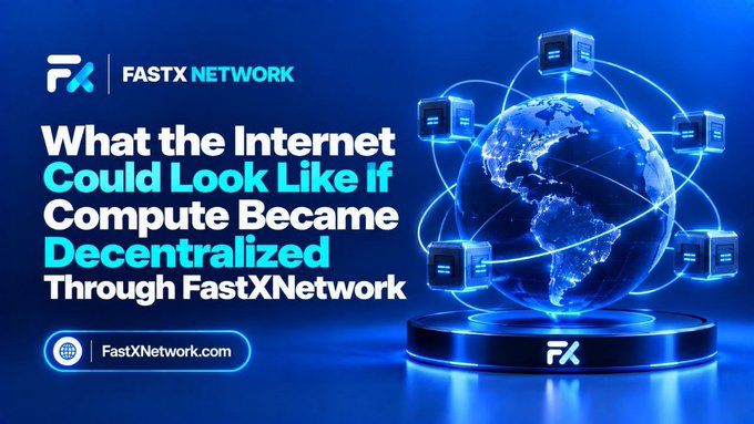 A promotional graphic for FastX Network featuring a glowing blue globe surrounded by server nodes, with the headline 'What the Internet Could Look Like If Compute Became Decentralized Through FastXNetwork' and the website FastXNetwork.com.