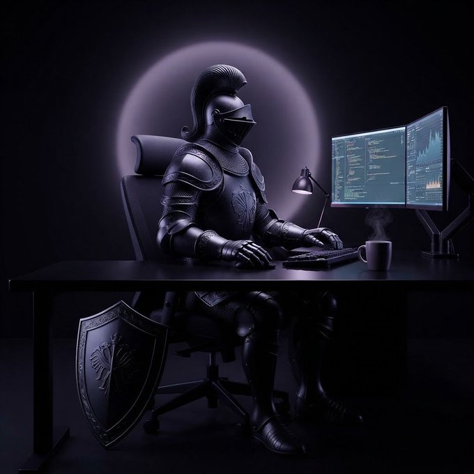 A digitally rendered knight in full black armor sitting at a desk working on dual monitors displaying financial charts and code.
