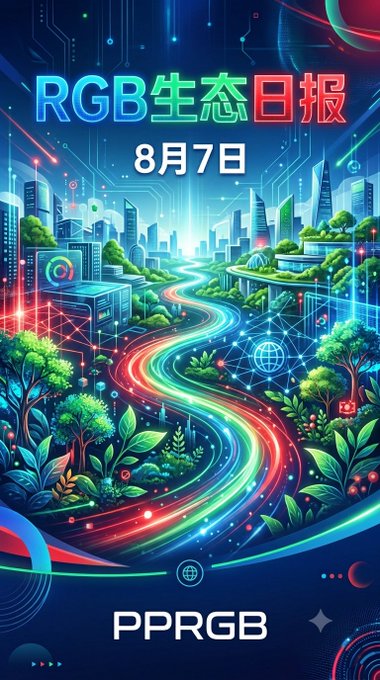 A colorful digital illustration displays the text 'RGB生态日报 8月7日' above a neon-lit futuristic city and winding road, with 'PPRGB' written at the bottom.