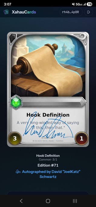 A screenshot from the XahauCards app showing an autographed 'Hook Definition' card (#71, Common, Edition 3/1) with the description 'A very long-winded way of saying this, they, that.'