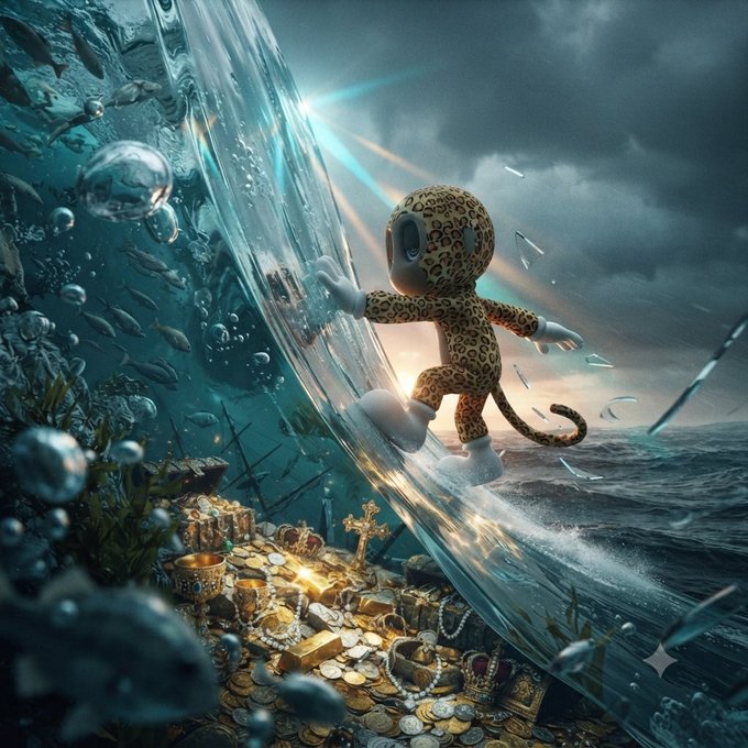 A surreal digital artwork of a leopard-print plush character surfing on a translucent wave above underwater treasure including gold coins, pearls, and crowns.