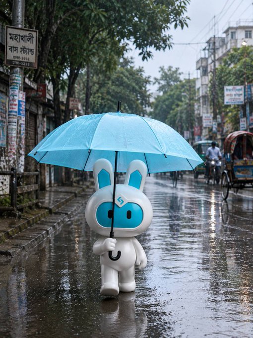 A white rabbit-like mascot character with blue ears holding a blue umbrella on a rainy street.