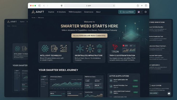 Screenshot of the AINFT website homepage, a Web3 platform displaying 'SMARTER WEB3 STARTS HERE' with sections on Intelligent Technology, Decentralized Infrastructure, and TRON Ecosystem.