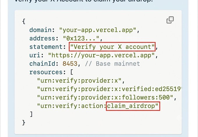 A code snippet showing verification JSON configuration with 'Verify your X account' statement and 'claim_airdrop' action highlighted in red boxes.