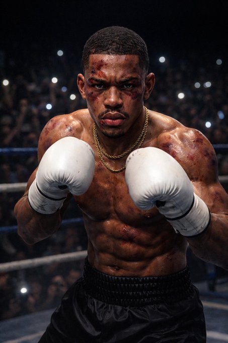 Dramatic, battle-worn boxer in a ring wearing white gloves and a gold chain, his face and body covered in blood and bruises under bright arena lights.